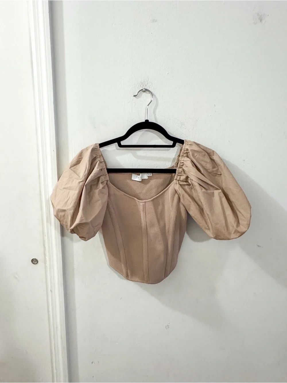 Astr Puff Sleeve Corset Top in Beige, size XS